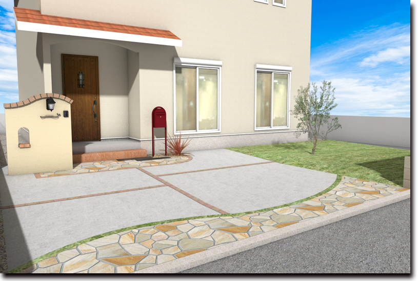 遠近法を活かすなど細やかなデザインの外構が好評